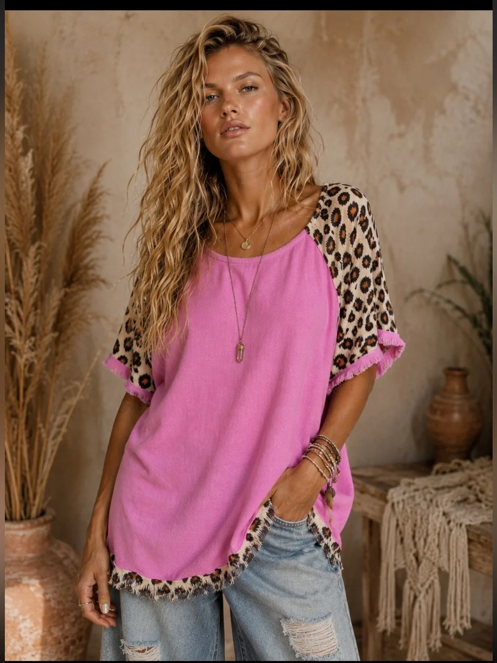 Umgee Cotton Beige Leopard Sleeve Top - Picture 5 of 9